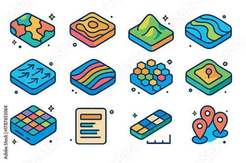 Geospatial Icon Set. Geospatial scientific visuals. Colorful isometric vector icons set of Geospatial scientific visuals: choropleth map, contour lines, DEM