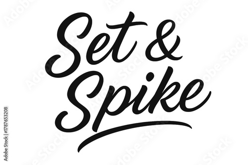 Script Volleyball Dynamics. . Set & Spike ? Script Hand-Lettering: fluid brush semi-cursive with smooth thick?thin contrast and gentle slant; softly arched