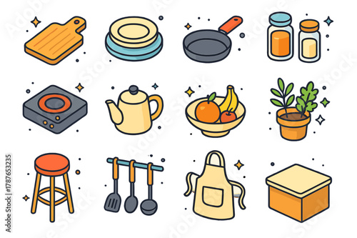 Colorful Kitchen Icons. Minimalist kitchen setup. Colorful isometric vector icons set of Minimalist kitchen setup: wooden cutting board, ceramic plates, single