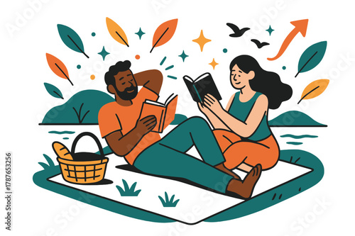 Tranquil Lakeside Picnic. A couple having a picnic by the lake, relaxing and enjoying the outdoors. Couple lying on picnic blanket reading books with abstract