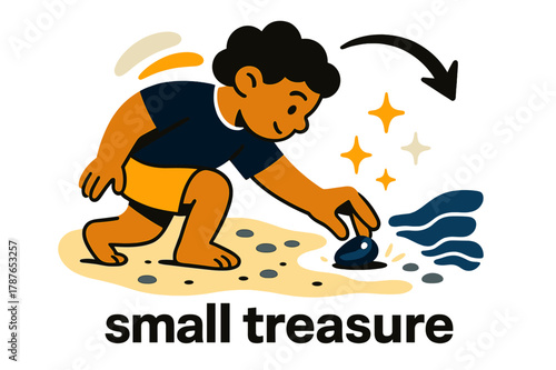 Beach Treasure Discovery. Pebble ? Beach Discovery. Child?s hand picks up a shiny stone from the wet sand; gentle sparkle icons mark the find. Caption ?small