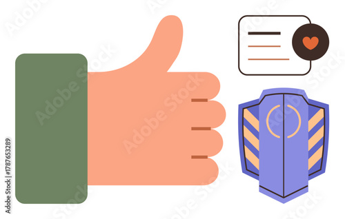 Thumbs-up gesture alongside a comment bubble with a heart and a shield. Ideal for approval, feedback, loyalty, online trust, safety, engagement, rating systems, simple flat metaphor