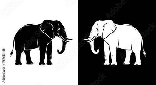 Two elephants in contrasting black and white, facing each other.