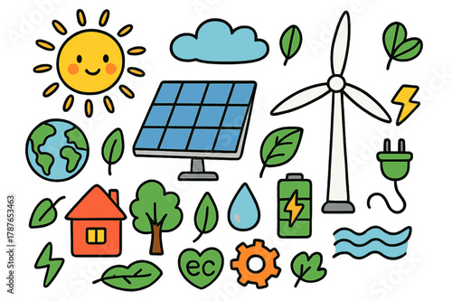 Renewable Energy Doodles. Solar and Wind Energy. Colorful Hand-drawn doodle Children illustration Solar and Wind Energy solar panel, wind turbine, sun, cloud,