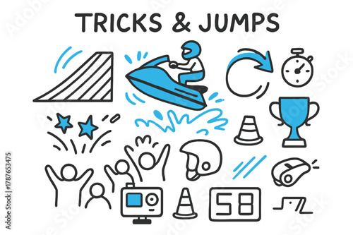 Jet Ski Stunts. // Tricks & jumps. Hand-drawn doodle illustration Tricks & jumps [ramp wake (accented), airborne jet ski (accented), splash stars, flip arrow