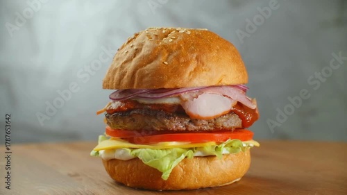 4k. Isolated hamburger rotates on dark background, Juicy cooked beef burger with