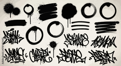 Collection of artistic spray paint designs, including tags, splashes, and grunge elements
