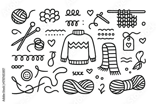 Knitted Patterns Doodles. Knitted patterns. Hand-drawn doodle illustration knitted patterns yarn ball, needles, loops, stitch lines, sweater, scarf, zigzag,