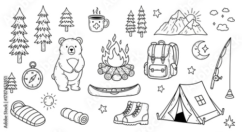 Camping and Adventure Seamless Pattern: Hand-Drawn Doodle of Nature Elements
