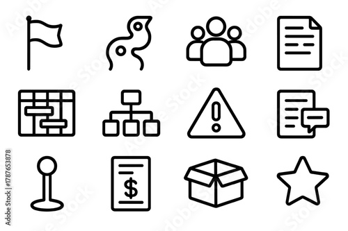 Project Kickoff Icons. Project Kickoff. Line icon set of Project Kickoff: kickoff flag, roadmap, team roles, scope document, timeline Gantt, resource plan,