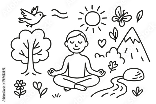 Outdoor Meditation Doodle. Meditation outdoors. Hand-drawn doodle illustration meditation outdoors lotus pose figure, mountain, tree, sun, bird, calm face,