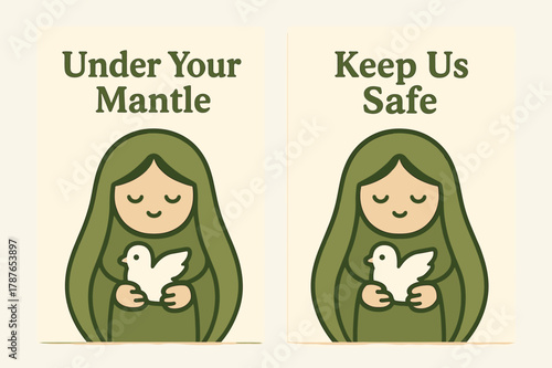 Gentle Protector Banners. Gentle Protector. Two vertical A6 banners with safe margins, centered composition, no elements touching edges, kawaii, olive green