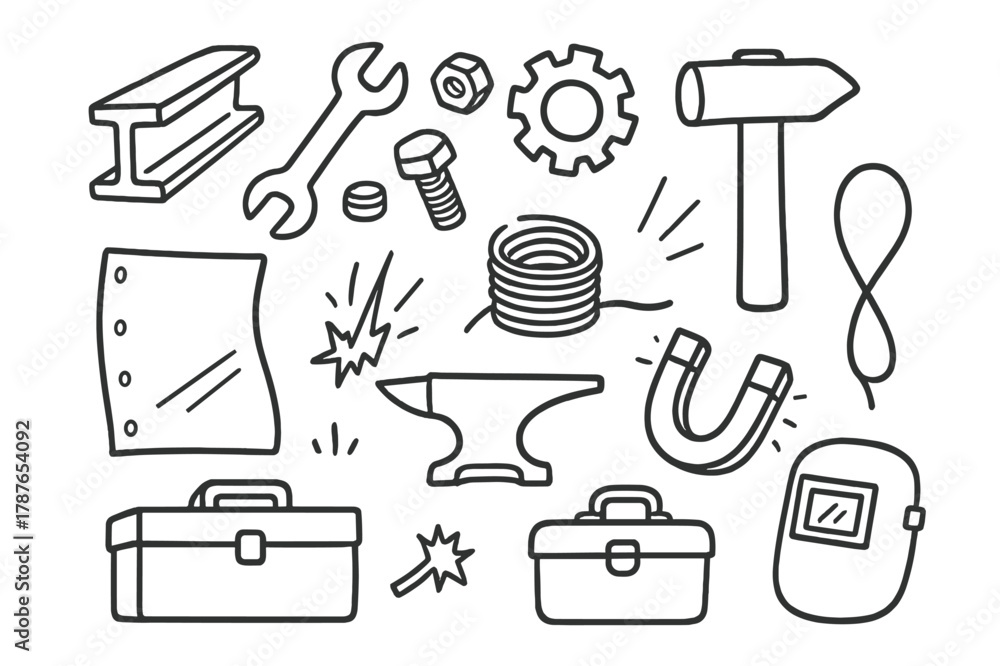 Obraz premium Metal Tool Doodle Icons. Metal. Hand-drawn doodle illustration metal steel beam, wrench, bolt, nut, gear, hammer, sheet, wire, pipe, anvil, magnet, sparks,