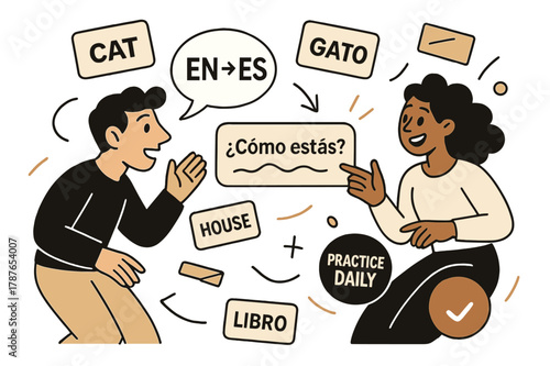 Interactive Language Learning. AI Assistants ? Language Tutor. Word cards drift between two bubbles labeled ?EN - ES?; pronunciation waves glide under a