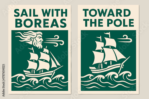 Sail with Boreas. Sea Voyage North. Two vertical A6 banners with safe margins, centered composition, no elements touching edges, modern, emerald and ivory,