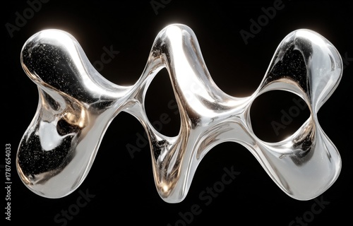 Glossy liquid chrome abstract shapes in 3D on a black background
