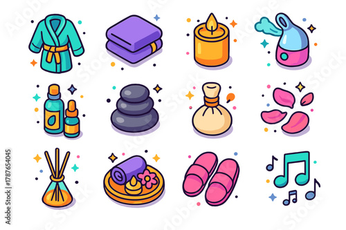 Luxury Spa Icons. Luxury spa experience. Colorful isometric vector icons set of luxury spa experience: spa robe, towel, scented candle, facial steamer,