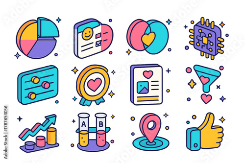 Matching Algorithms Icons. Matching algorithms. Colorful isometric vector icons set of Matching algorithms: compatibility pie chart, personality questionnaire,