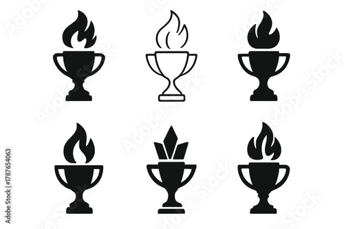 Trophy Logo Variations. Championship trophy. Set Logo of Championship trophy: Flaming torch trophy. Icon set. harmonious logo variations of the same emblematic