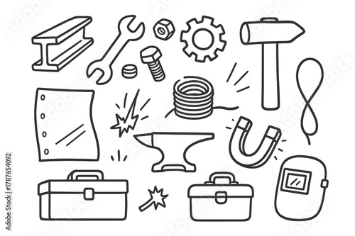 Metal Tool Doodle Icons. Metal. Hand-drawn doodle illustration metal steel beam, wrench, bolt, nut, gear, hammer, sheet, wire, pipe, anvil, magnet, sparks,