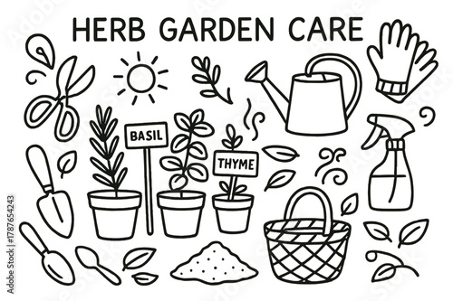 Herb Garden Essentials. Herb garden care. Hand-drawn doodle illustration herb garden care pots, scissors, watering can, herbs, label sticks, sunlight, gloves,
