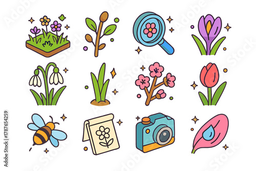 Springtime Icon Set. Spotting the first flowers. Colorful isometric vector icons set of Spotting the first flowers: early spring meadow, budding branch,
