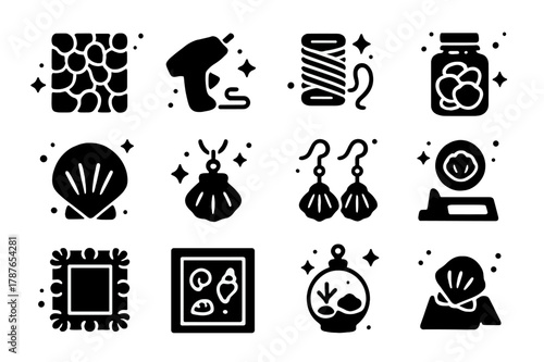 Seashell Crafts Collection. Seashell Crafts. Solid icons set of Seashell Crafts: shell mosaic, glue gun, twine, jar of shells, painted shell, shell pendant,