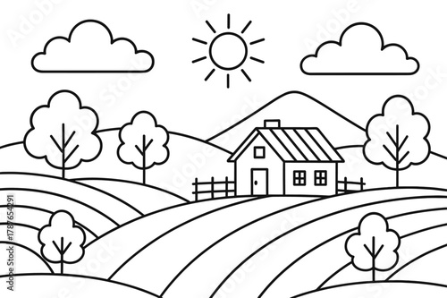 Countryside Coloring Fun. Countryside landscape children?s coloring book illustration, outlined drawing, rolling hills with a small farmhouse and trees,