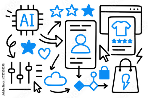 AI Recommendation Doodle. // AI recommendation engine. Hand-drawn doodle illustration AI recommendation engine [AI chip (accented), star icons (accented),