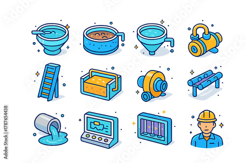 Colorful Wastewater Icons. Wastewater treatment plant. Colorful isometric vector icons set of Wastewater treatment plant: primary clarifier, aeration tank,