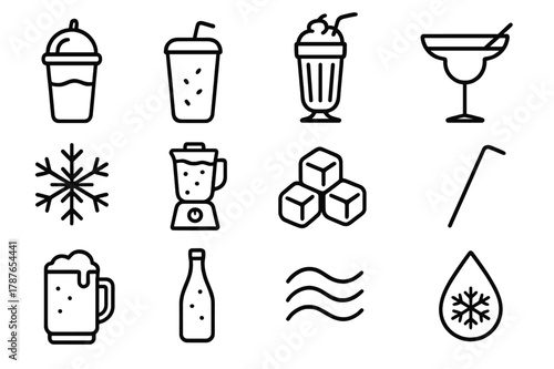 Frozen Drink Icons. Frozen Drinks. Line icon set of Frozen Drinks: slushie cup, smoothie, milkshake, frozen margarita, snowflake symbol, blender, ice cubes,