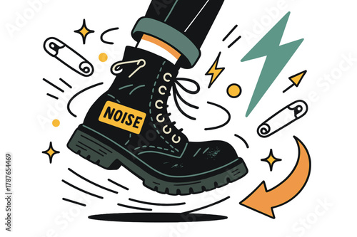 Punk Boots Energy. Punk revival boots. Safety pins and lightning bolts orbit around scuffed leather; a patch reads ?NOISE.? Rebel rhythm in every step. Modern