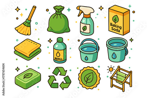 Eco-Friendly Cleaning Icons. Eco-friendly cleaning. Colorful isometric vector icons set of Eco-friendly cleaning: bamboo broom, biodegradable trash bag,
