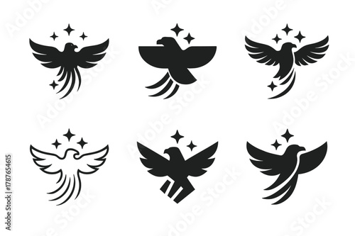 Aquila Constellation Logos. Aquila constellation. Set Logo of Aquila constellation: eagle with star trail. harmonious logo variations of the same emblematic