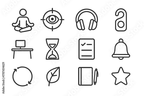 Mindful Work Icons. Mindfulness at work. Line icon set of mindfulness at work: meditation pose, focus target, noise-cancel headphones, do not disturb hanger,