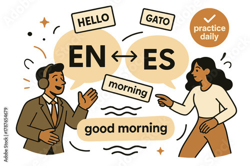 Dynamic Language Learning. AI Assistants ? Language Tutor. Word cards drift between two bubbles labeled ?EN - ES?; pronunciation waves glide under a
