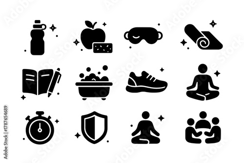 Support Icons Collection. Self-care for supporters. Solid icons set of Self-care for supporters: water bottle, healthy snack, sleep mask, yoga mat, journal,