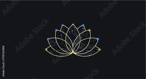 Luminous golden lotus flower with intricate digital circuits and glowing lights on dark background, symbolizing harmony and technology.
