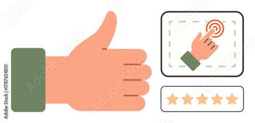 Thumbs-up for approval, hand clicking a target, and five-star rating symbolizing feedback, online reviews, and satisfaction. Ideal for quality control, engagement, ranking, satisfaction review