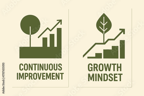 Continuous Growth Banners. Continuous improvement. Two vertical A6 banners with safe margins, centered composition, no elements touching edges, geometric,