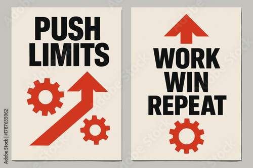 Brutalist Banners Design. Push limits. Two vertical A6 banners with safe margins, centered composition, no elements touching edges, brutalist, black and red,