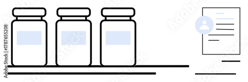 Three medicine bottles lined up beside a document sheet with a profile icon. Ideal for medicine, healthcare, information management, pharmacy, product safety, medical labeling, pharmaceutical