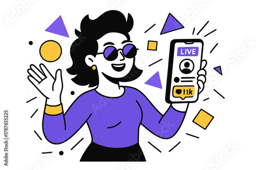 Live Streaming Vibes. Celebrity Influencer. Influencer holding a phone with live streaming interface and floating abstract geometric shapes, energetic and