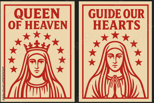 Heavenly Queen Banners. Queen of Heaven. Two vertical A6 banners with safe margins, centered composition, no elements touching edges, bold, red and beige,