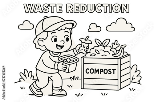 Composting Fun For Kids. Waste reduction children?s coloring book illustration, outlined drawing, a picture of a child reducing waste by composting,