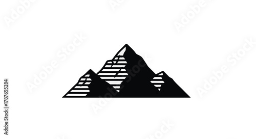 Bold graphic illustration of majestic mountain peaks against a clean white background.