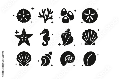 Marine Life Icons. Coastal Shells and Marine Life. Solid icons set of Coastal Shells and Marine Life: sea urchin test, coral branch, barnacle cluster, sand