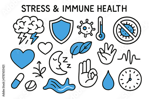 Stress and Immune Illustrations. Stress and immune health. Hand-drawn doodle illustration stress and immune health [brain storm cloud (accented), shield
