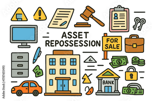 Asset Repossession Doodles. asset repossession. Colorful Hand-drawn doodle Children illustration asset repossession office building, "For Sale" sign, auction