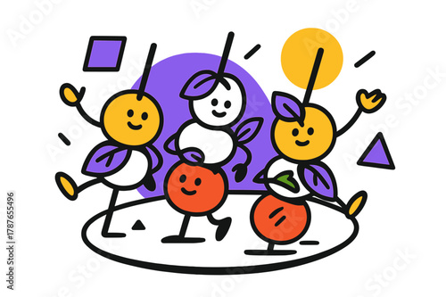 Geometric Caprese Delight. Caprese Skewers. Skewers arranged on a platter with cherry tomatoes, mozzarella, basil, and floating abstract geometric shapes,